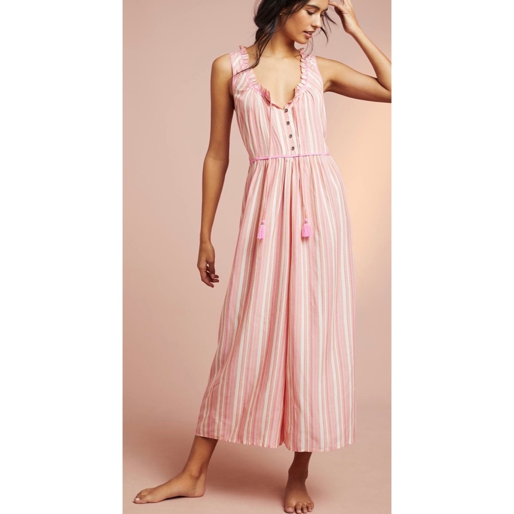 Anthropologie Pink Striped Ruffled Jumpsuit Romper